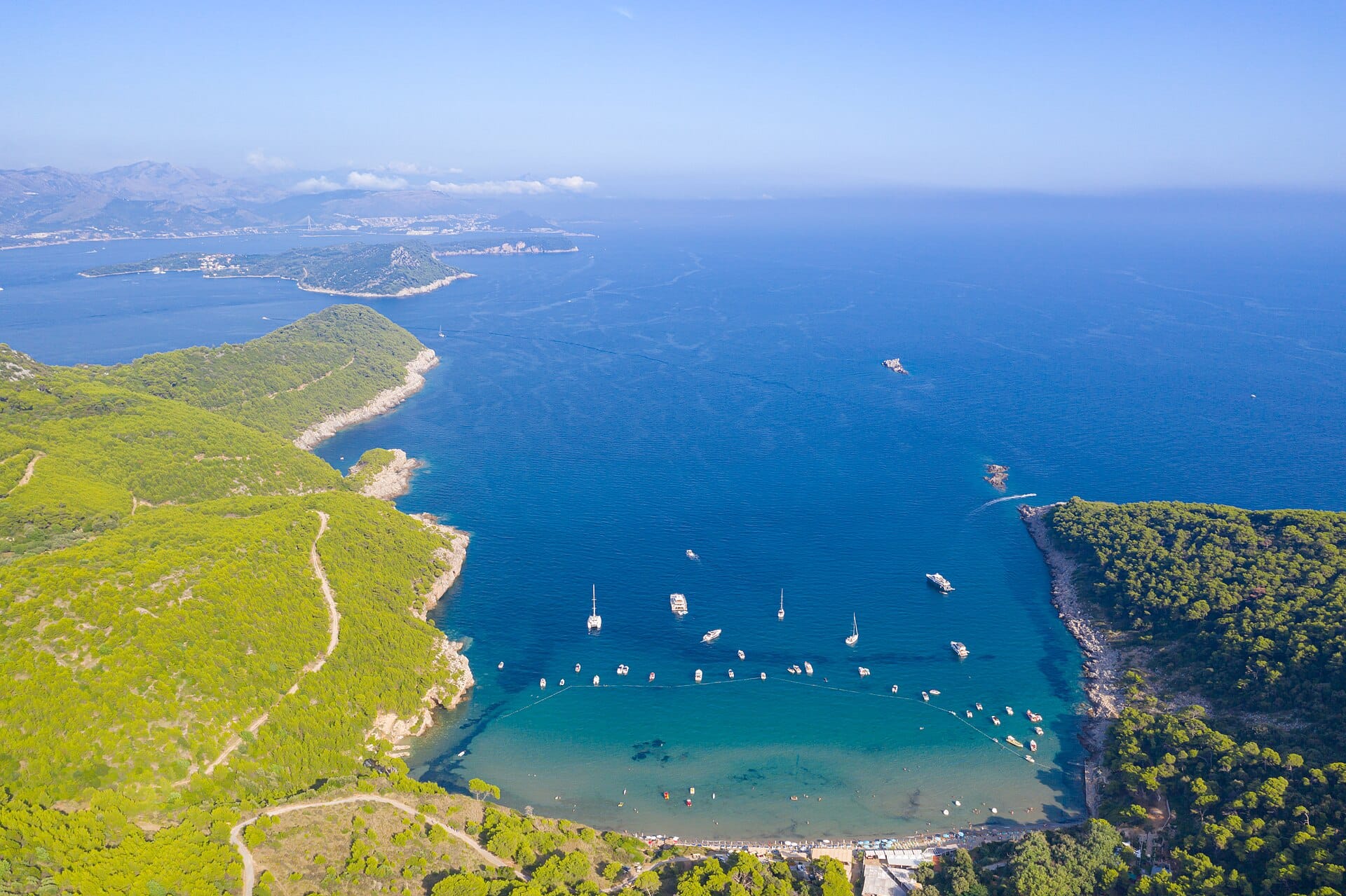 Aerial view of Sunj Beach on Sipan island, Elaphiti archipelago near Dubrovnik
